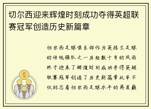 切尔西迎来辉煌时刻成功夺得英超联赛冠军创造历史新篇章