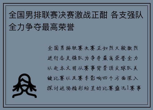 全国男排联赛决赛激战正酣 各支强队全力争夺最高荣誉
