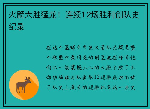 火箭大胜猛龙！连续12场胜利创队史纪录
