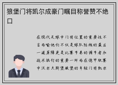 狼堡门将凯尔成豪门瞩目称誉赞不绝口